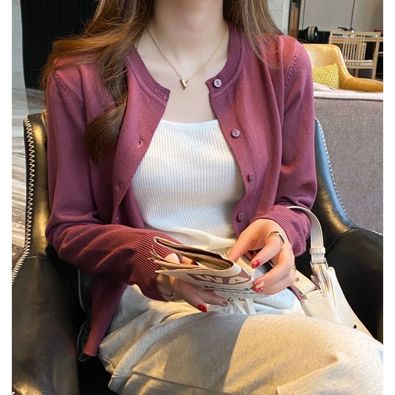 早秋季新款针织开衫外套女韩版薄款显瘦圆领长袖外搭毛衣黑色上衣|undefined