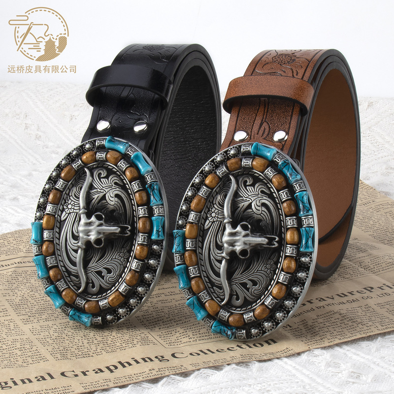 Explosive men's belt personality cow head plate buckle trend belt retro embossed craft belt men's wholesale in stock