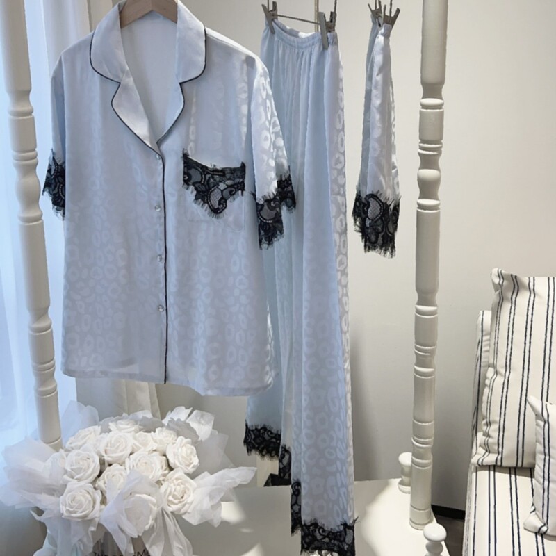 Three-Piece Pajama Set for Women, Leopard Print Jacquard Lace, French Elegant Silk Short-Sleeved Long Pants Set, Thin Style