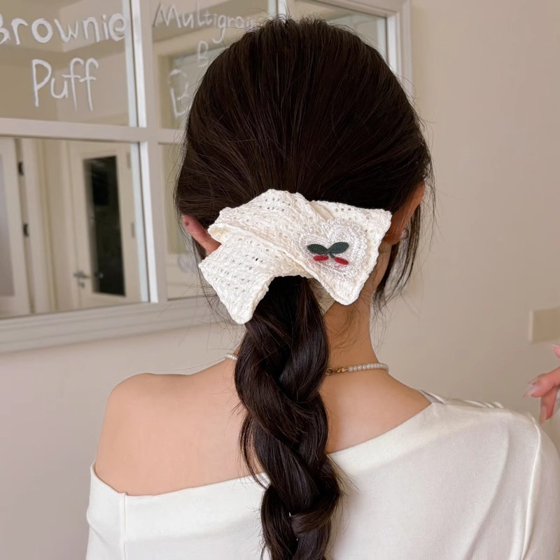 Tela hecha a mano pequeña toalla cuadrada bordada de cereza anillo de cabello de intestino grueso cuerdas de cabello coreanas simples cuerdas de cabello