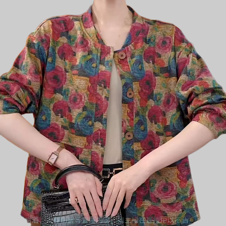 一件代发直播爆款中年妈妈圆领印花民族风外套秋季新款时尚上衣女