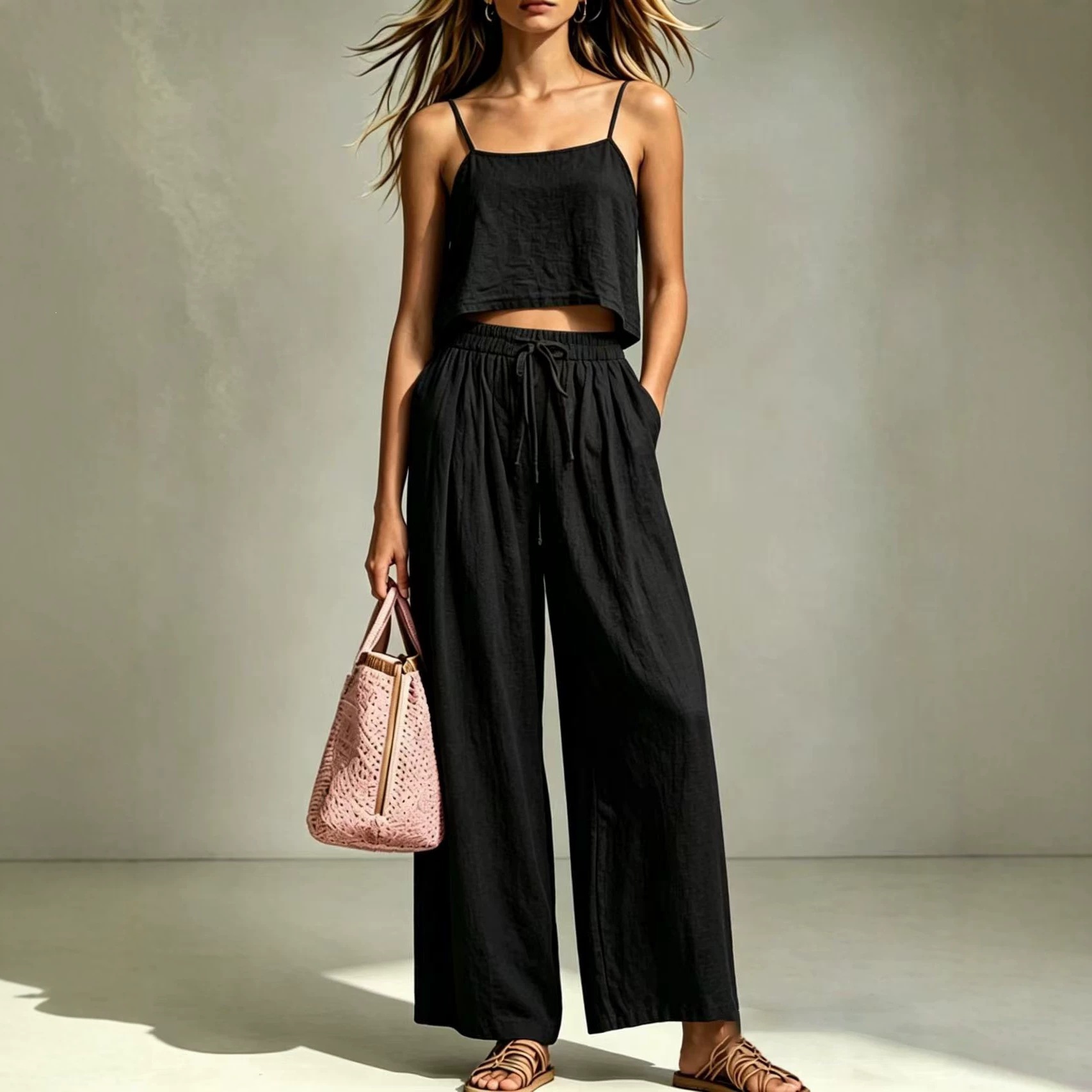 Women's Clothing Summer Fashionable Women's Two-Piece Set Casual Camisole And Loose Wide Leg Pants Style For Formal & Casual For Women_ecoleips.com
