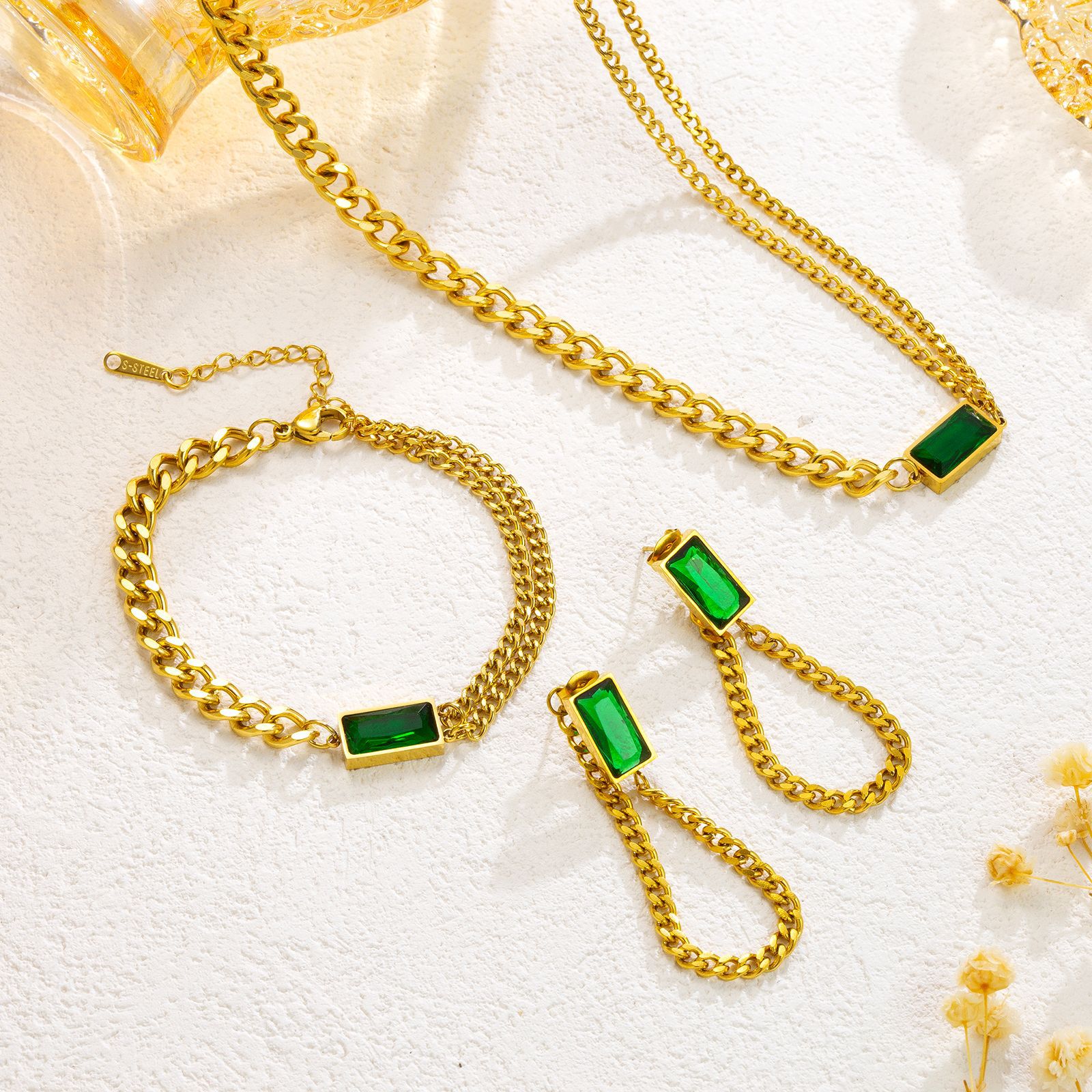 European and American Fashionable Chain Green Zircon Double Chain Stacked Wear Retro Small Square Necklace Bracelet Earrings suit Jewelry Women