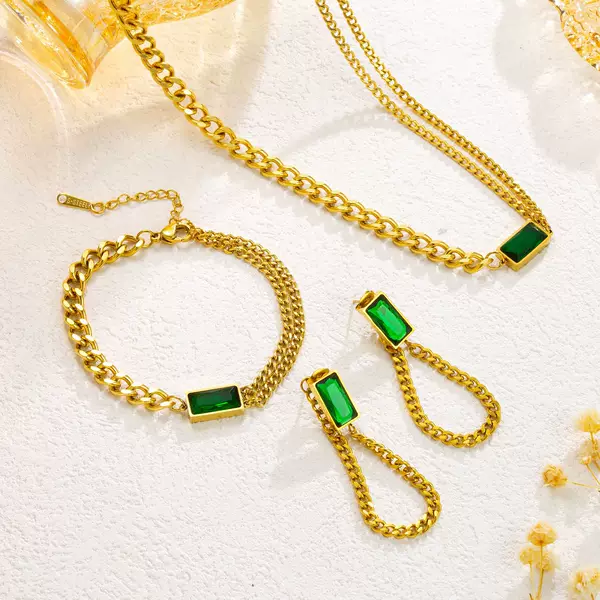 European and American Fashionable Chain Green Zircon Double Chain Stacked Wear Retro Small Square Necklace Bracelet Earrings suit Jewelry Women