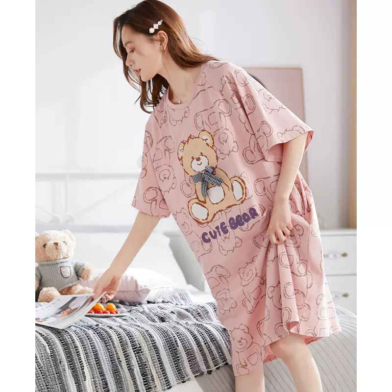 Nightgown Women's Summer Short-sleeved Long 2025 New Loving Bear plus size 100.00kg Pregnant Women's Pajamas Thin dress