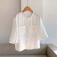 2025新亚麻 气质开衫版新中式衬衣圆领小衫T恤 上衣批发H03FT5130