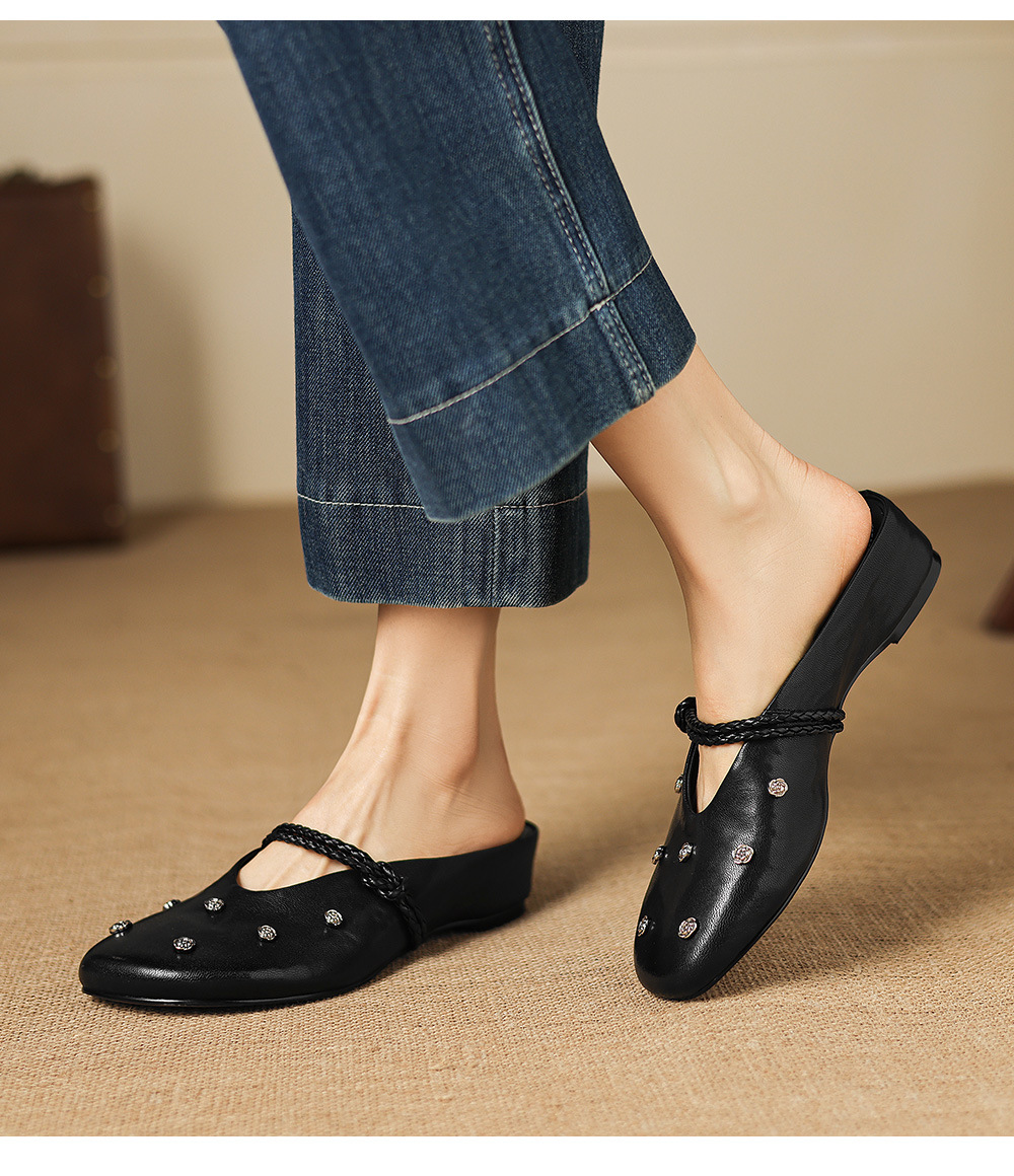 Sandal nữ mũi bít da dê quai ngang gót thấp — đen chi tiết 8
