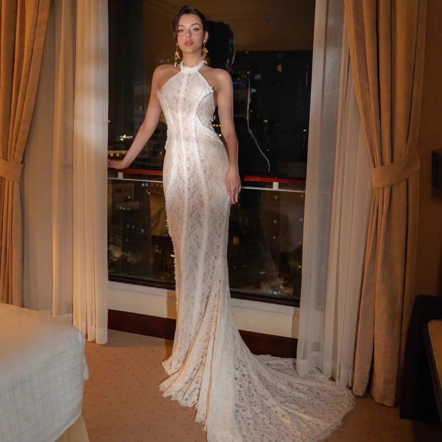 French Lace Elegant Halterneck Dress for Women 2025 Autumn and Winter Sexy Backless Pure Color Evening Dress with Tail Long Skirt