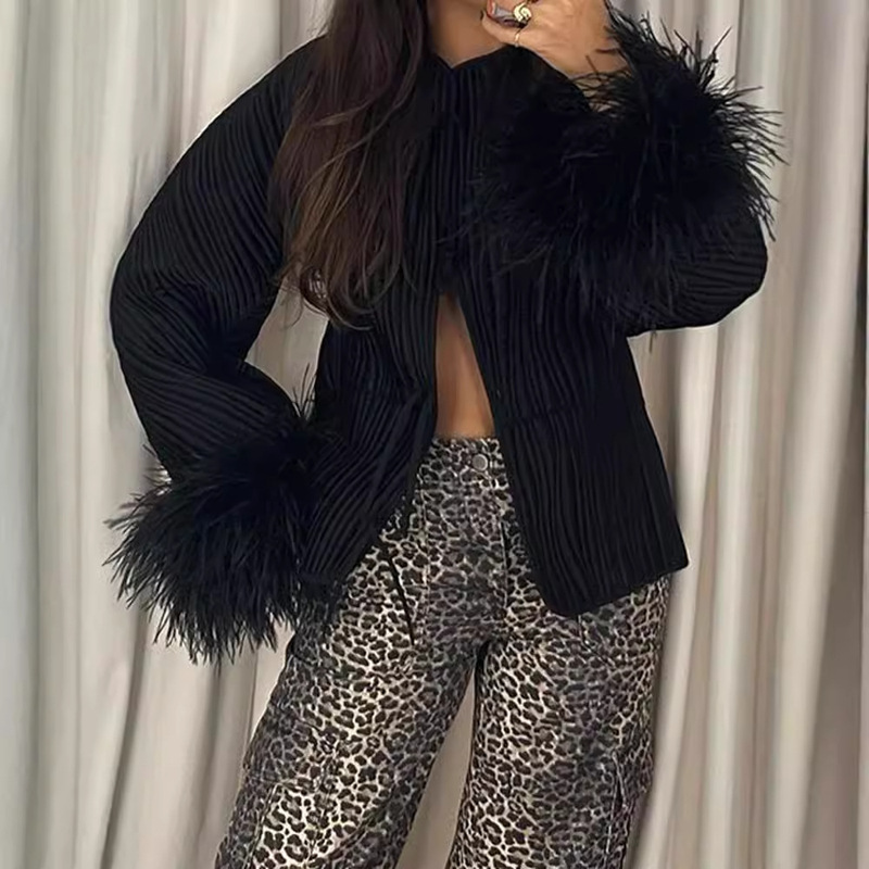 Cross-border Autumn and Winter New Fashion Black Lace-up Feather Jacket Jacket Elegant Women's All-match Loose Jacket