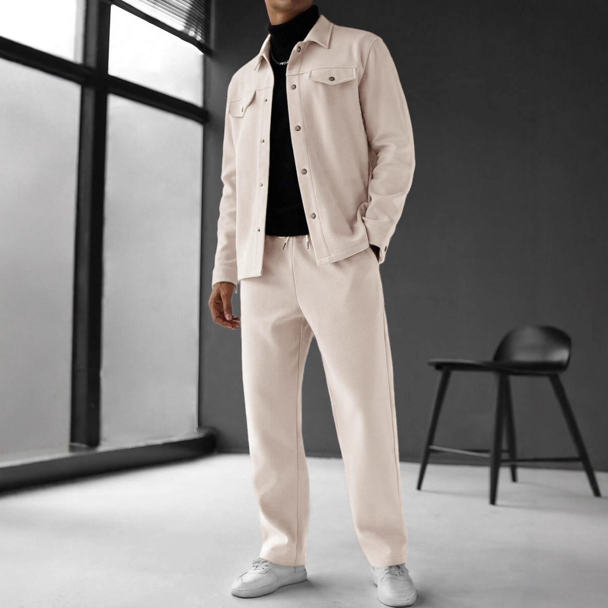 26 transfronterizo Europa y Estados Unidos otoño y invierno moda cardigan con solapa chaqueta de viaje de cuello blanco traje de viento pantalones largos sueltos manga larga