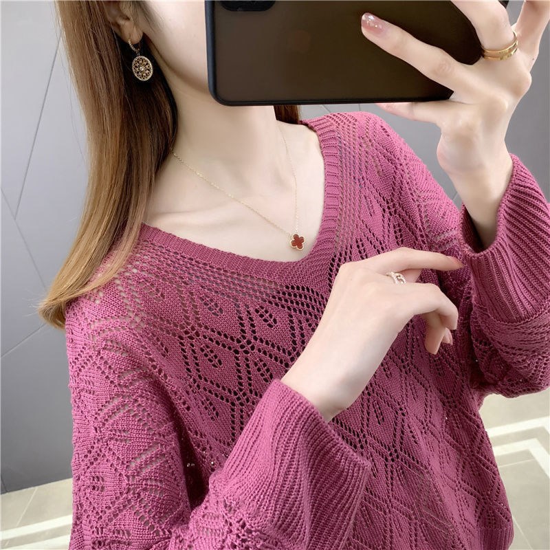 Autumn New Clothes Thin T-Shirt V-Neck Cut Out Bottoming Shirt Knitwear Knitwear Women's Loose Wholesale Women's Tops