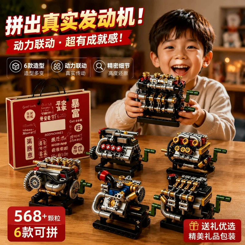 Мини-двигатель V8 сборная модель из микрокубиков