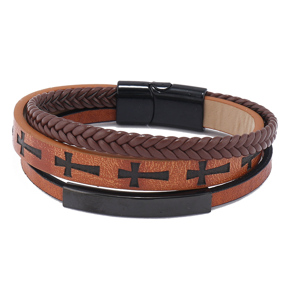 New Cross-Border Jewelry Printed Cross Men's Leather Woven Magnetic Clasp Bracelet European And American Versatile_voghion.com