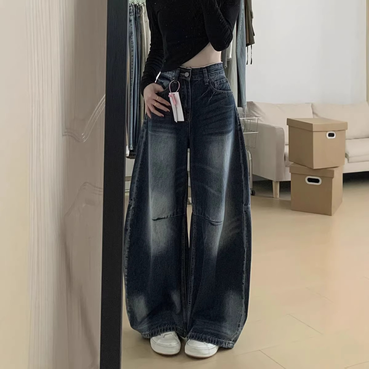 小个子美式复古做旧高腰弯刀阔腿牛仔裤女宽松显瘦直筒裤拖地长裤