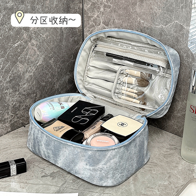 Nueva bolsa de maquillaje denim de alto rendimiento viaje multifuncional bolsa de lavado portátil de gran capacidad bolsa de almacenamiento de maquillaje