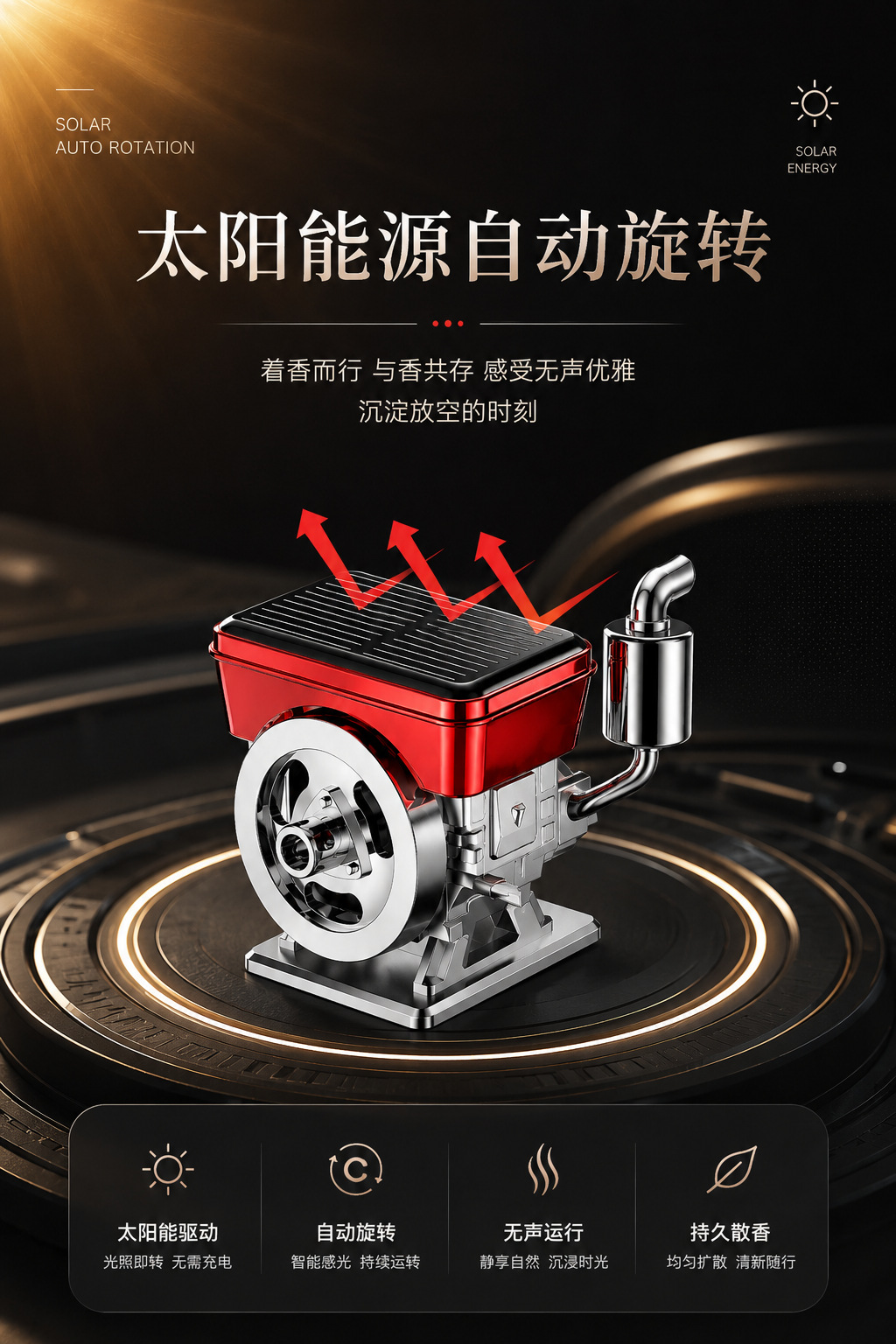 New car fragrance diffuser, long-lasting fragrance and odor-removing ornament for the car, solar-powered automatic rotating car fragrance