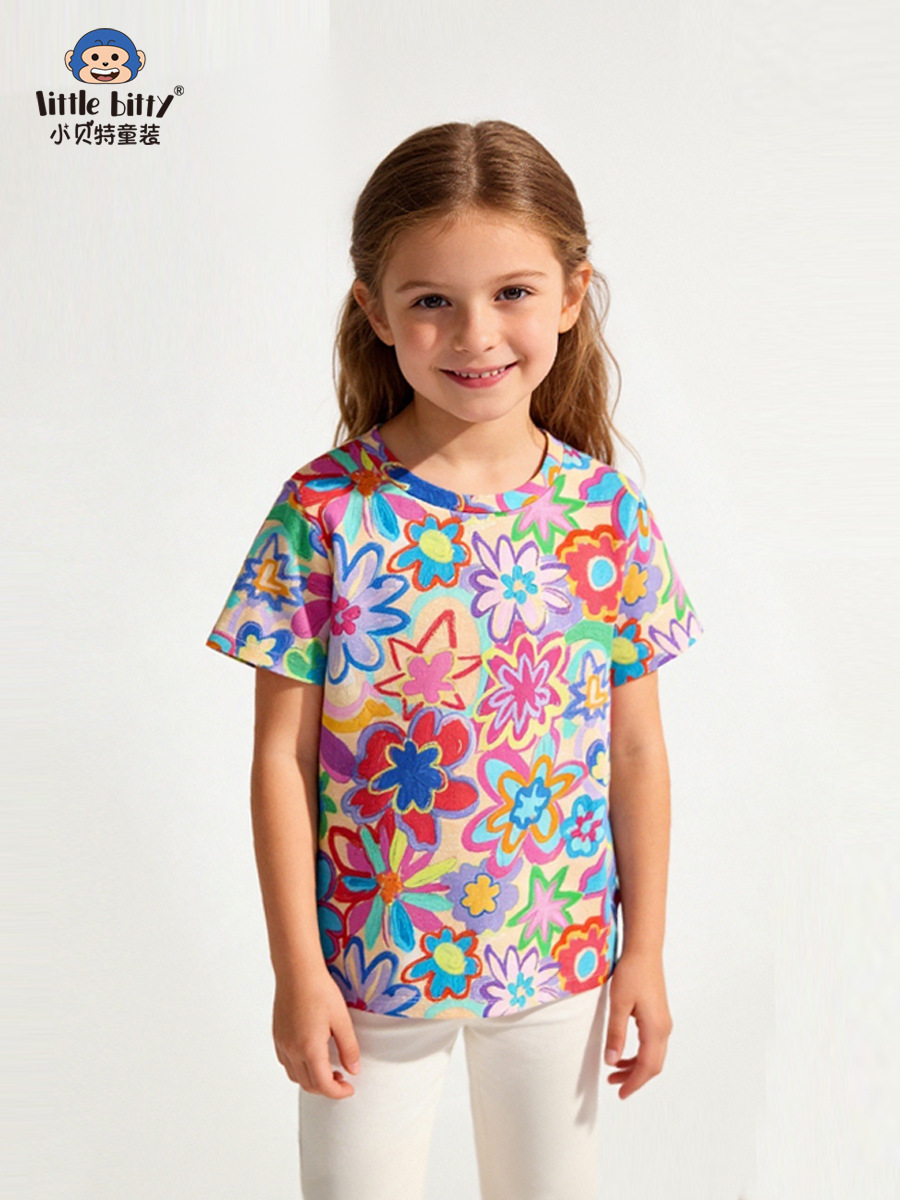 Cross-Border Supply 2026 Spring/Summer New Children's T-Shirt with Cartoon Floral Print, Round Neck, Casual Fashion In-Stock Top