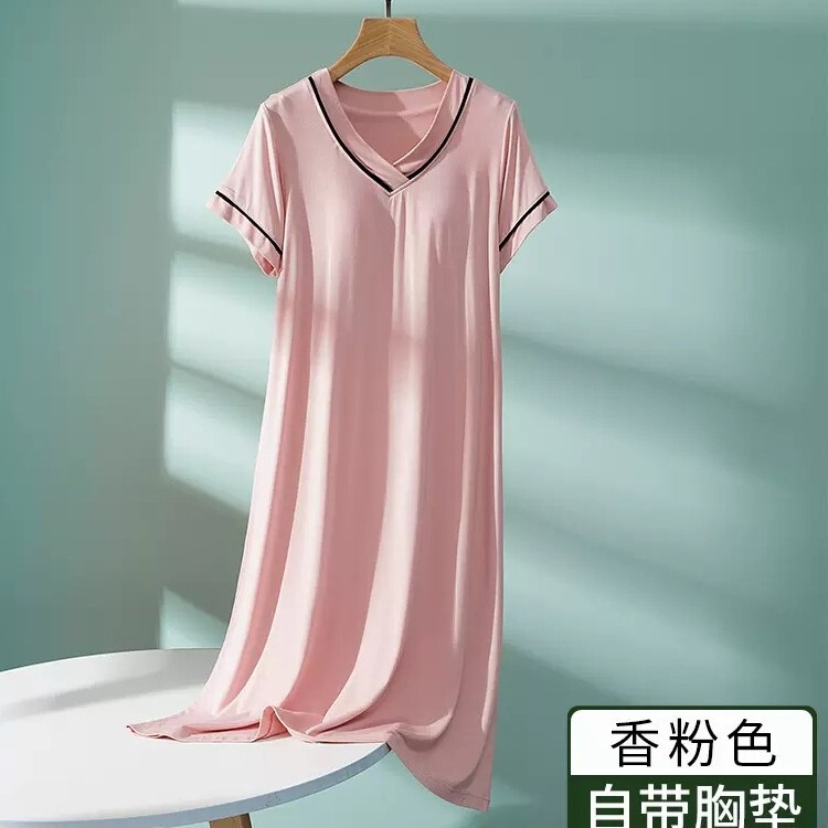 Short-Sleeved Nightgown for Women, Thin, Simple, Casual, with Chest Pad, V-Neck, 2023 Maternity Pajamas, Home Wear