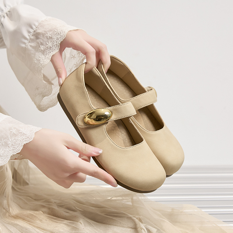 French Retro Mary Jane Women, Round Toe Suede Genuine Leather Ballet Shoes, Outdoor Spring And Autumn Soft_vogvips.com