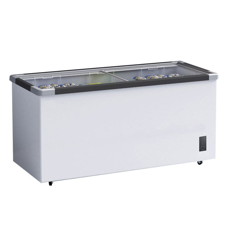 Gran capacidad de congelador comercial de la isla profunda gabinete puerta de vidrio supermercado congelador de refrigeración gabinete de exhibición