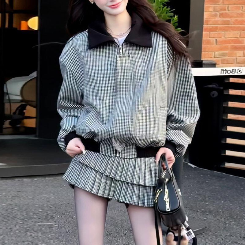 时尚复古黑白格子短外套女2025春季新款百褶蛋糕短裙小个子两件套|undefined