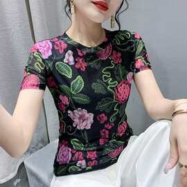 欧货2024夏季时尚纱网立体印花短袖圆领修身显瘦洋气上衣潮实