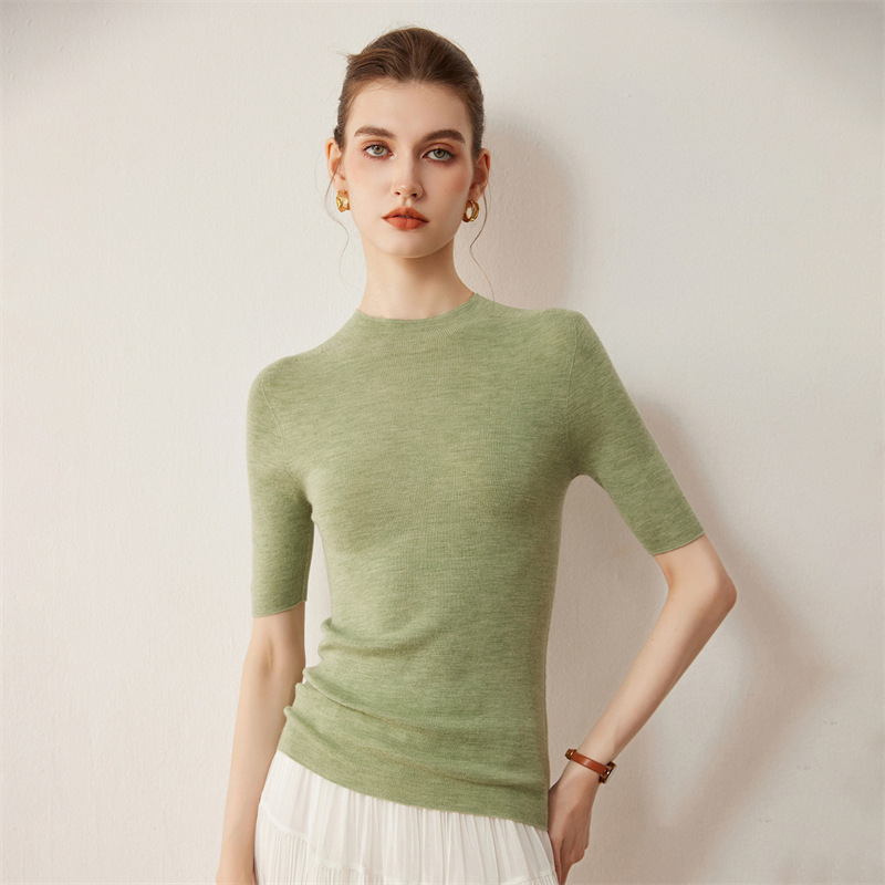 60-Count Fine Imitation Thin Women's 100% Fine Wool German Yangtze Yarn Half-Turtleneck Slim-Fit Short-Sleeve Sweater