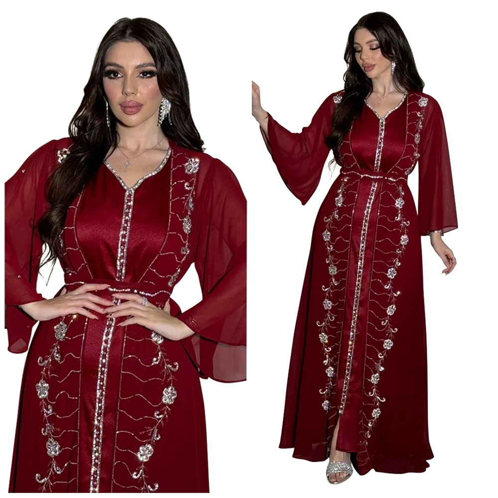 XQY500261 Four-Season Commuting Vest + Jacket Dress Chiffon Rhinestone Muslim Suit Robe_ecoleips.com