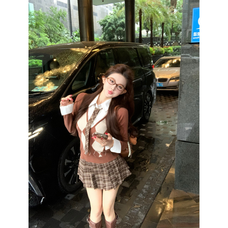 秋冬美拉德学院风假两件菱格纹毛针织衫+百褶短裙两件套装女|undefined