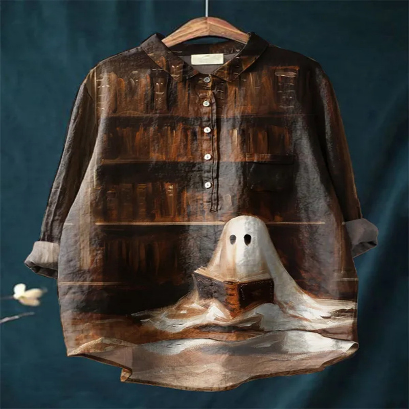 Halloween Cute Witch Digital Print Women's Casual Cotton and Linen Long Sleeve Casual Loose Shirt Halloween Cute Witch Digital Print Women's Casual Cotton and Linen Long Sleeve Casual Loose Shirt