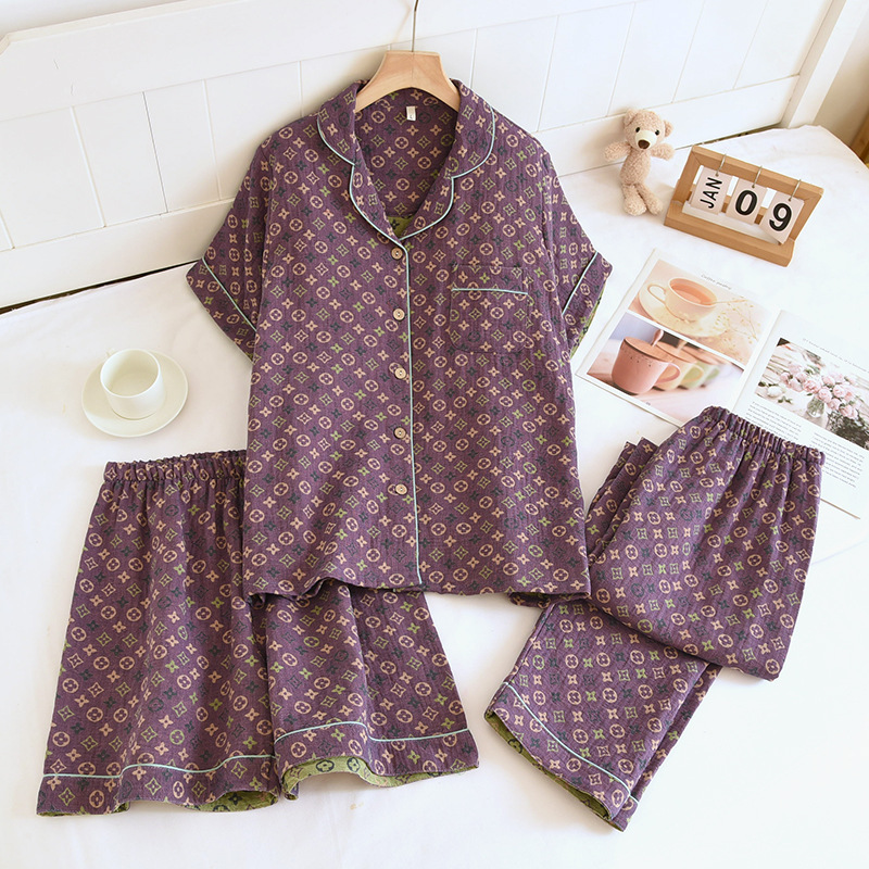 Factory new yarn-dyed jacquard pajamas three-piece set spring and summer cotton short-sleeved home clothes suit factory wholesale