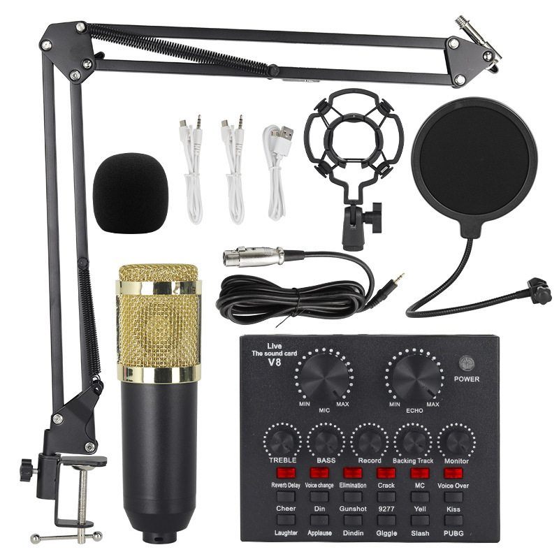 Cross-Border Bm800 Condenser Microphone V8 Mobile Phone English Sound Card Computer USB Boom Arm Stand Live Streaming Set