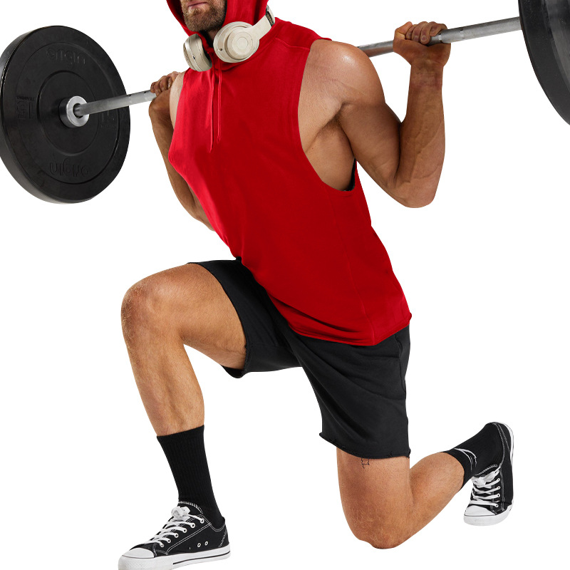 Új fitnesz és sport trikó felső, férfi lezser egyszínű póló, ujjatlan kapucnis pulóver fűzős rögzítéssel_voghion.com