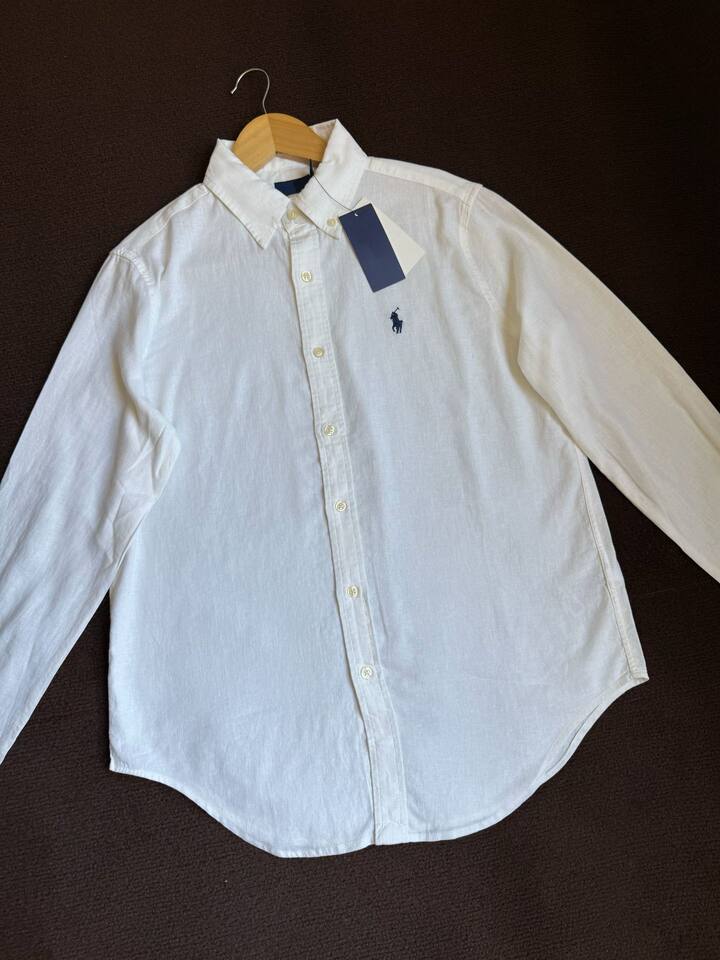 Áo sơ mi nữ tay dài cổ ve thêu hình ngựa nhỏ chất liệu lanh phối cotton dáng suông — Nâng cấp trắng tinh khiết