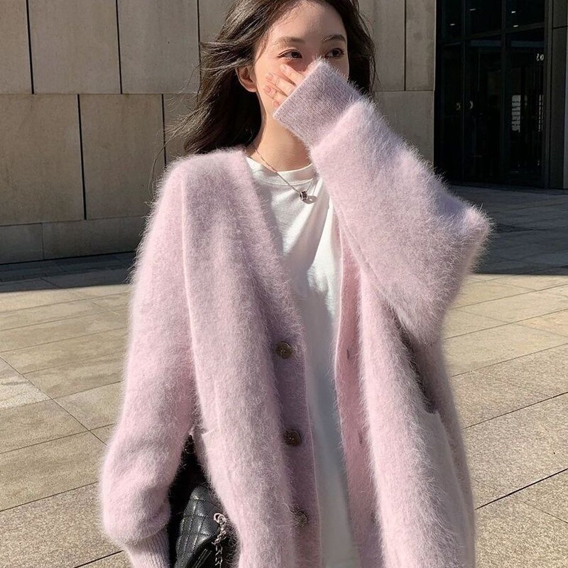 粉色领水貂绒毛衣外套女秋冬温柔慵懒中长款外搭奶针织开衫|undefined