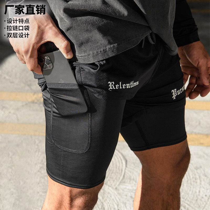 外贸2022夏季男士运动短裤网眼登山双层短裤男户外训练跑步健身裤