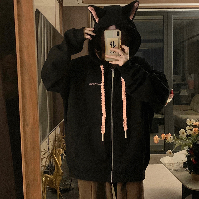 塞纳 猫耳朵连帽卫衣男女款秋季新款潮牌美式重磅加绒情侣外套女|undefined