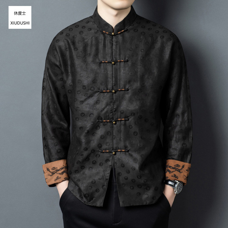 Xiangyun yarn long-sleeved Chinese-style jacket, middle-aged and elderly spring and autumn Zen-style tea dress, casual mulberry silk stand-up collar Tang suit jacket for men