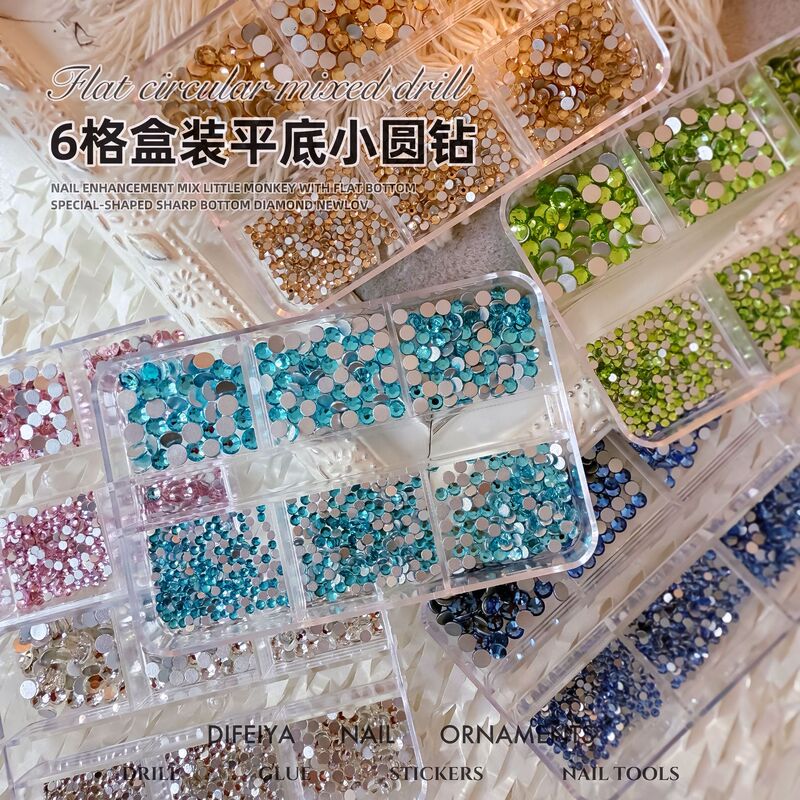 6 Boxed Flat Round Diamond Nail Art Jewelry Super Flash Glass White Flat Diamond Size Mixed Cross-border Nail Art Drill