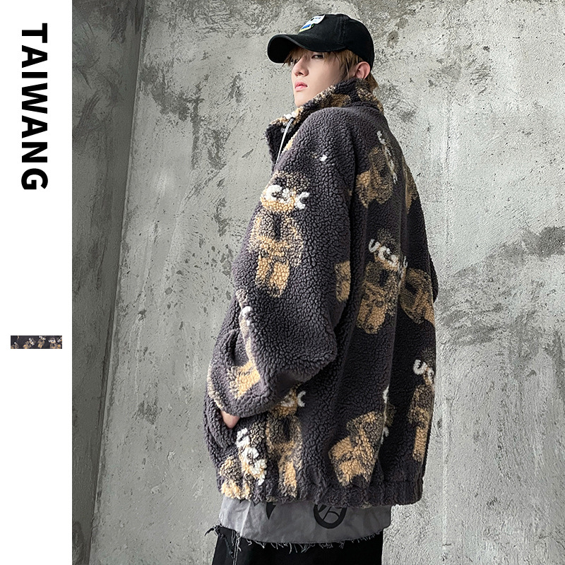 Men's Clothing Fashionable Lambswool Jacket Robot Bear Jacket Loose Drop Shoulder Cotton Coat_voghion.com