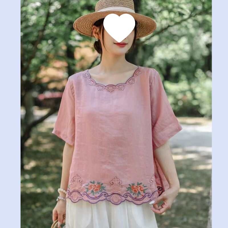 New Cotton and Linen Blouse for Women with Embroidery, Artistic Retro Style, Casual Versatile Loose Fit, Round Neck, Comfortable Thin Summer Top with Patchwork