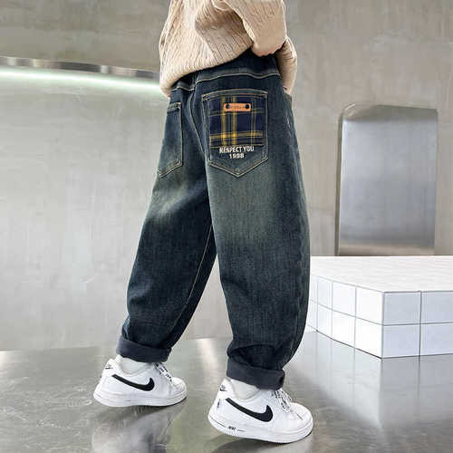Genius Whale Boys' Fleece Denim Pants Autumn/Winter Outfit Cool Boy Straight Leg Pants Spring/Autumn Children Loose Long Pants Trendy