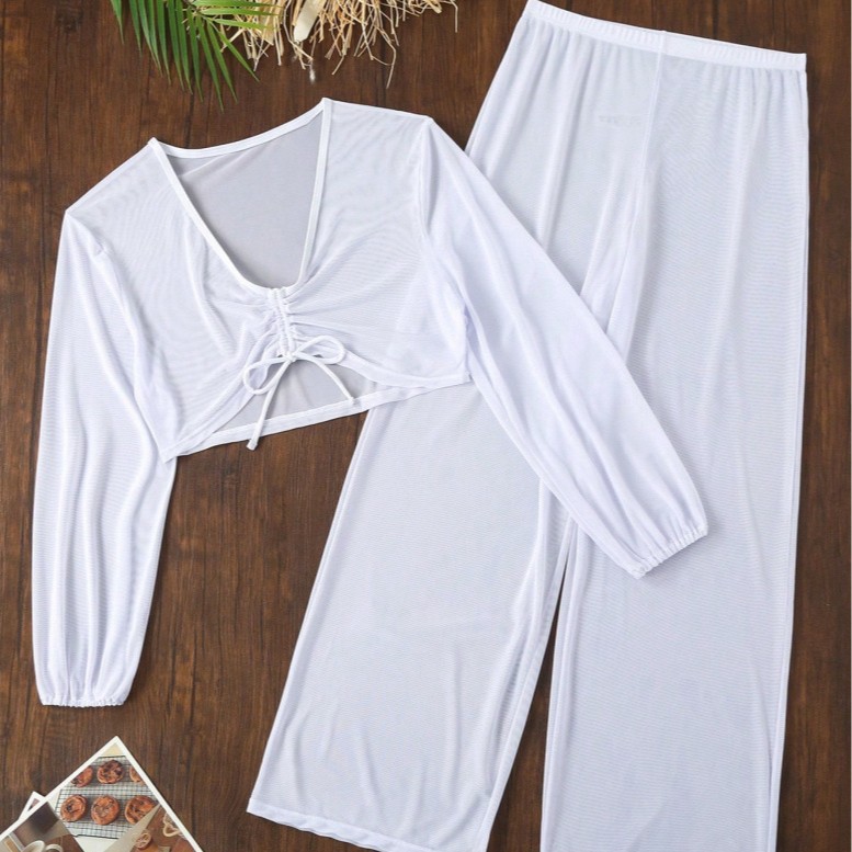 Women's Casual Sportswear Swimsuit Fashionable Solid Color Long Sleeve Long Pants Swimwear Hot Spring Wear New_voghion.com