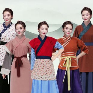 唐装平民女佣棉麻服百姓古代村姑茶艺人店小二古装老夫粗布汉服酒-阿里巴巴