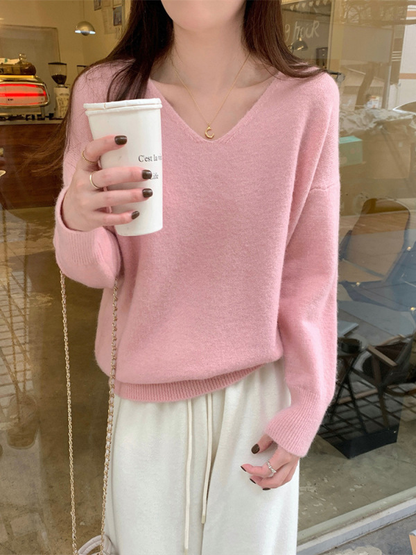 简约v领针织衫女秋季新款ins基础款宽松内搭上衣休闲百搭打底毛衣|undefined