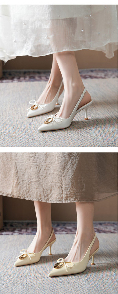 Sandal cao gót nữ mũi nhọn bít mũi đính nơ khóa kim loại, gót 6–8 cm — Màu hồng nhạt, Màu trắng ngà, Màu vàng nhạt chi tiết 9