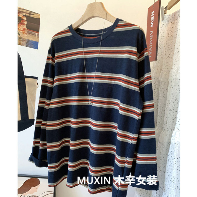 Plus Size Striped Long Sleeve T-Shirt for Women, Autumn 2025 New Fashion Casual Loose Versatile Base Top
