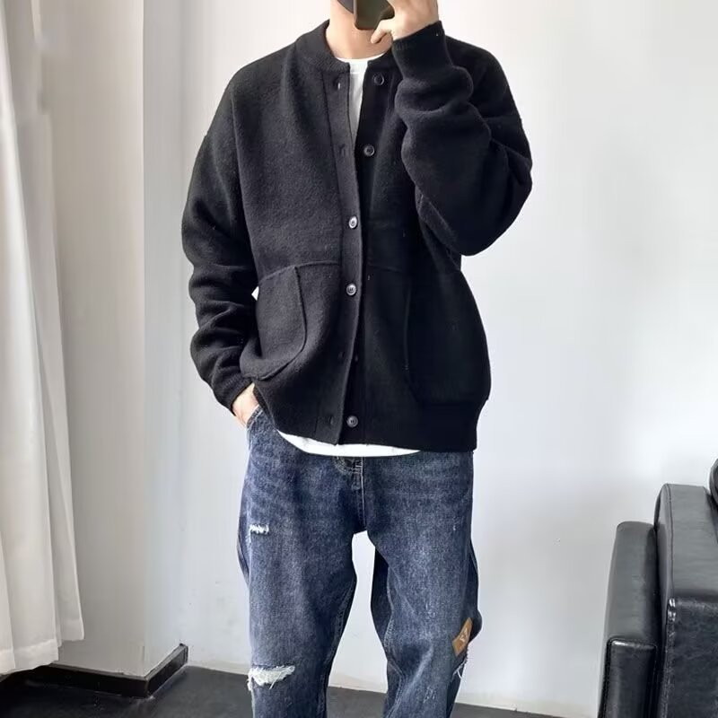 Herren Strickjacke Aus Wolle Rundhals Strickpullover Locker_voghion.com