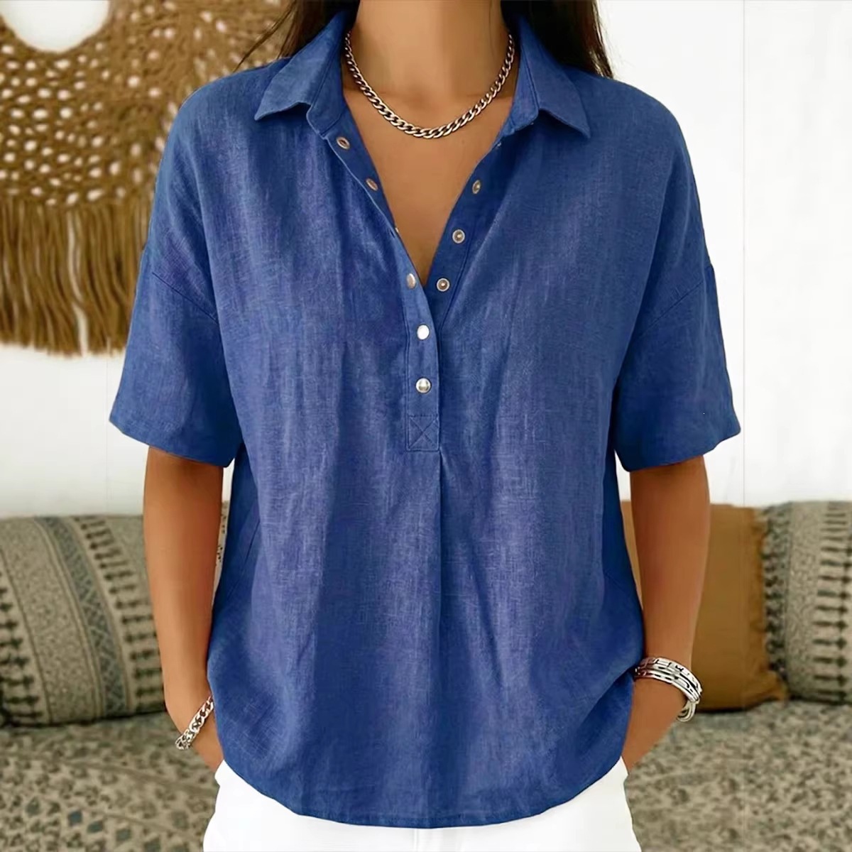 Europa y Estados Unidos transfronterizos Amazon estación independiente 2026 verano nuevo estilo de ropa de mujer comodidad con solapa de manga corta camisa sólida