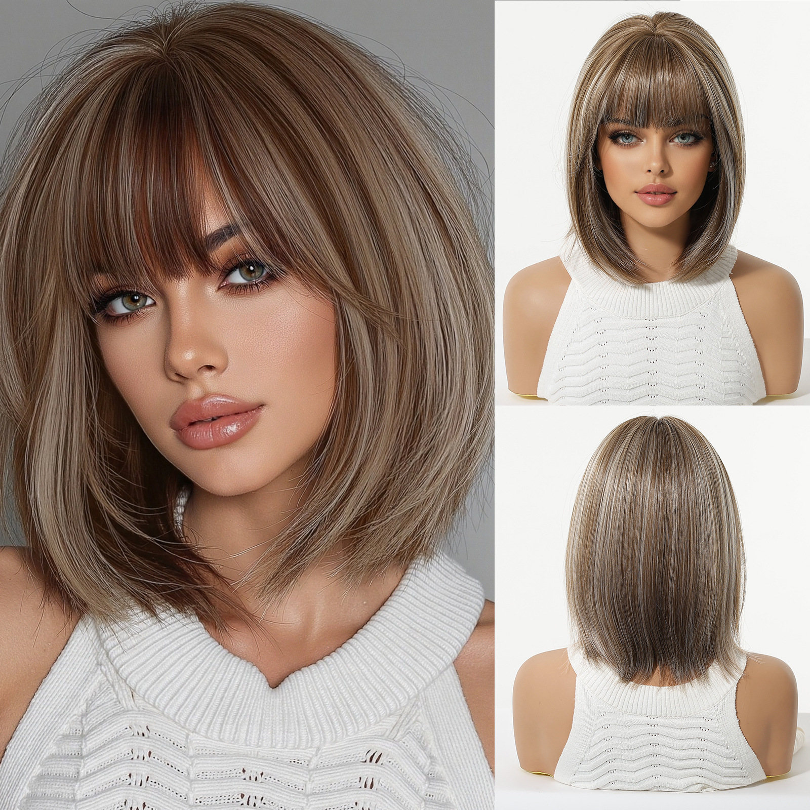 Oro cálido teñido Qi Hai Shun recto cabello corto cubierta de cabeza de seda de alta temperatura sombrero de red de rosas 12 pulgadas cuero cabelludo simulado Hai